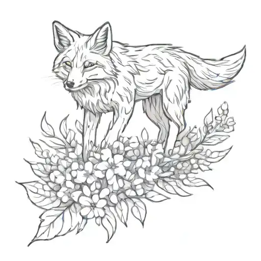 Running fox and lilacs intertwined within tattoo design idea