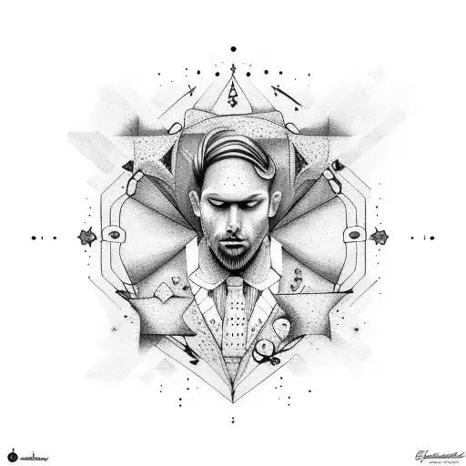 A surrealistic portrait of Patrick Estrela in dotwork style tattoo design idea