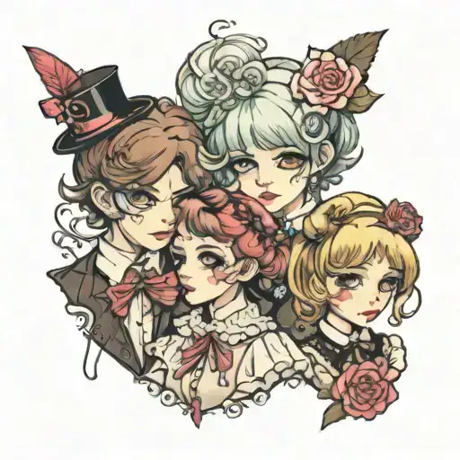 two boys and a girl in lolita fashion with lipstick  tattoo design idea