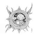 A dotwork tattoo showcasing a celestial scene with Sao Jorge and a dragon, representing the battle between good and evil tattoo design idea