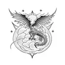 A dotwork tattoo showcasing a celestial scene with Sao Jorge and a dragon, representing the battle between good and evil tattoo design idea