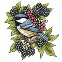 Chickadee on blackberry stem with blackberries and neotraditional tattoo design idea