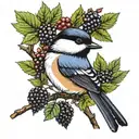 Chickadee on blackberry stem with blackberries and neotraditional tattoo design idea