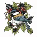 Chickadee on blackberry stem with blackberries and neotraditional tattoo design idea