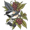 Chickadee on blackberry stem with blackberries and neotraditional tattoo design idea