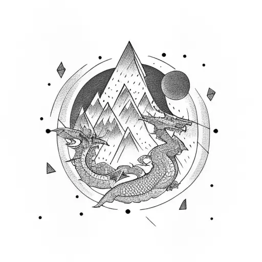 Mountain with small moon on the left and small dragon on the right tattoo design idea