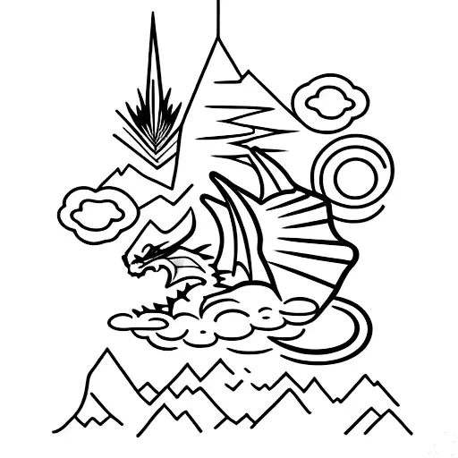 Mountain with small moon on the left and small dragon on the right tattoo design idea