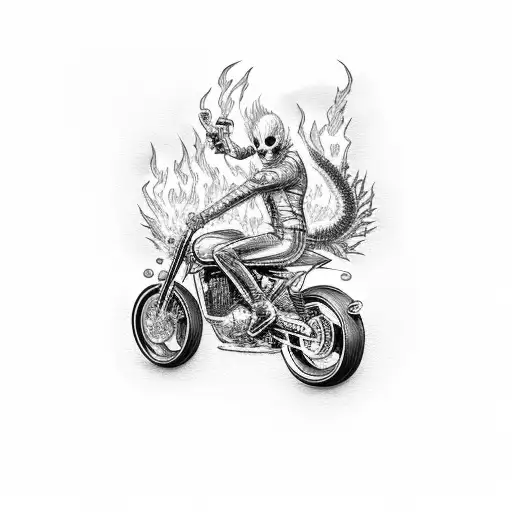 Ghostrider rides bike with fire around it. tattoo design idea