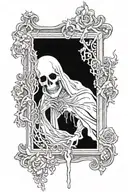 An artistically rendered ghostly apparition emerging from an old-timey painting frame tattoo design idea