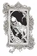 An artistically rendered ghostly apparition emerging from an old-timey painting frame tattoo design idea