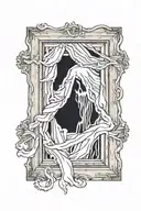 white sheet ghost looking out of a wooden framed window in a dark room tattoo design idea