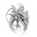 guerrero, dragon en el fondo  tattoo design idea
