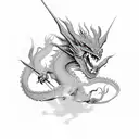 guerrero, dragon en el fondo  tattoo design idea