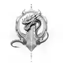 guerrero, dragon en el fondo  tattoo design idea