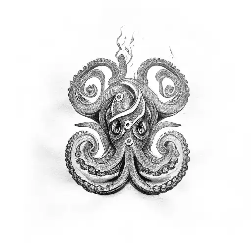 Intricate black-grey octopus engulfing a Gemini symbol tattoo design idea