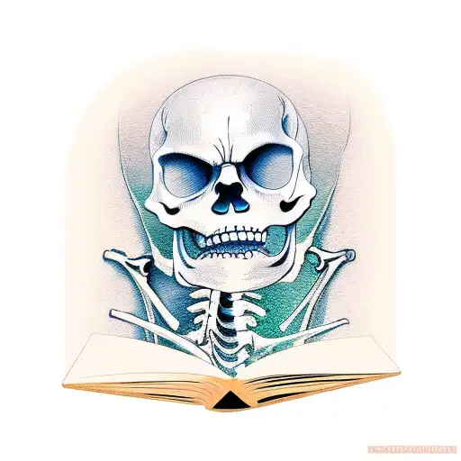 Full skeleton reading a book tattoo design idea