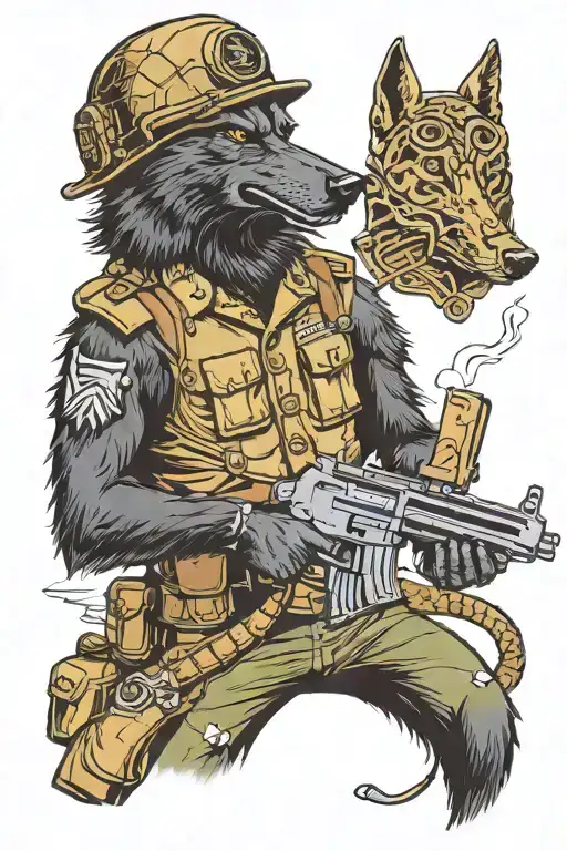 Black wolf in US army uniform and a helmet with Ace of spades on it, smoking a cigar, holding a belt fed machine gun tattoo design idea