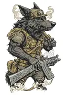 Black wolf in US army uniform and a helmet with Ace of spades on it, smoking a cigar, holding a belt fed machine gun tattoo design idea