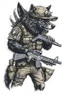Black wolf in US army uniform and a helmet with Ace of spades on it, smoking a cigar, holding a belt fed machine gun tattoo design idea