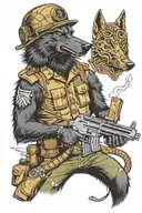 Black wolf in US army uniform and a helmet with Ace of spades on it, smoking a cigar, holding a belt fed machine gun tattoo design idea