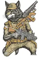 Black wolf in US army uniform and a helmet with Ace of spades on it, smoking a cigar, holding a belt fed machine gun tattoo design idea