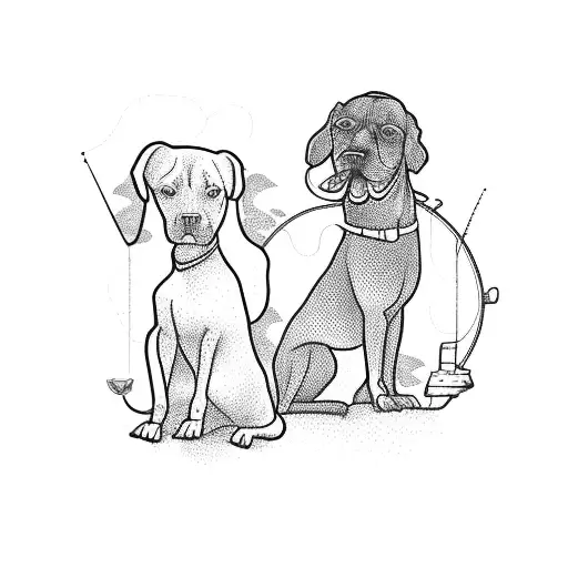 Simplistic outline of somebody fishing from behind with a simple outline of a pitbull sitting next to them tattoo design idea