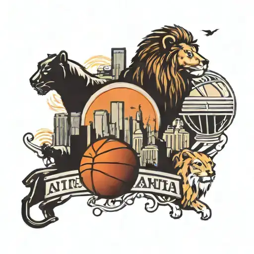 An Atlanta skyline with a basketball hoop and a family of lions in the foreground tattoo design idea