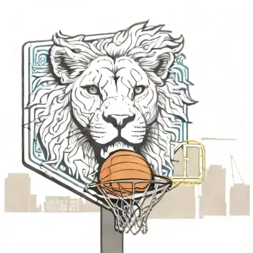 An Atlanta skyline with a basketball hoop and a family of lions in the foreground tattoo design idea