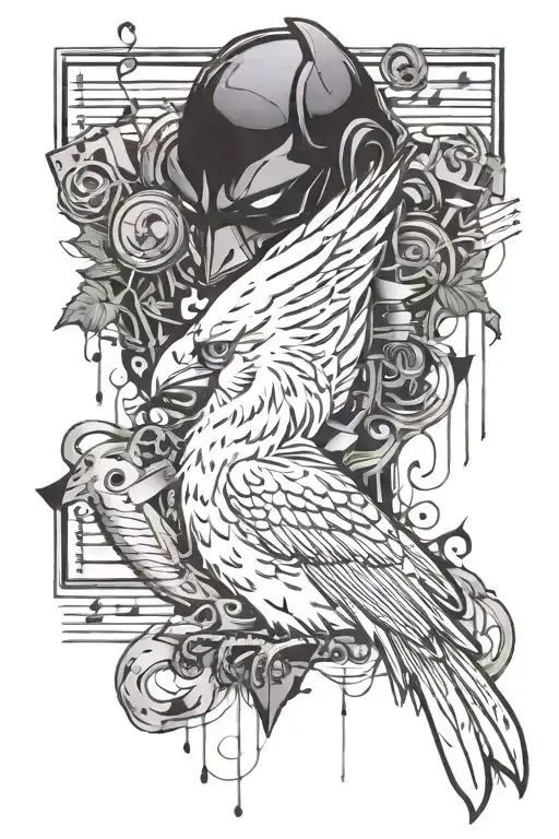 St. Louis cardinals logo & music notes & computer code flowing & Batman & Ram  tattoo design idea