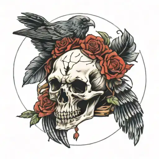 bear skull and crow sitting tattoo design idea