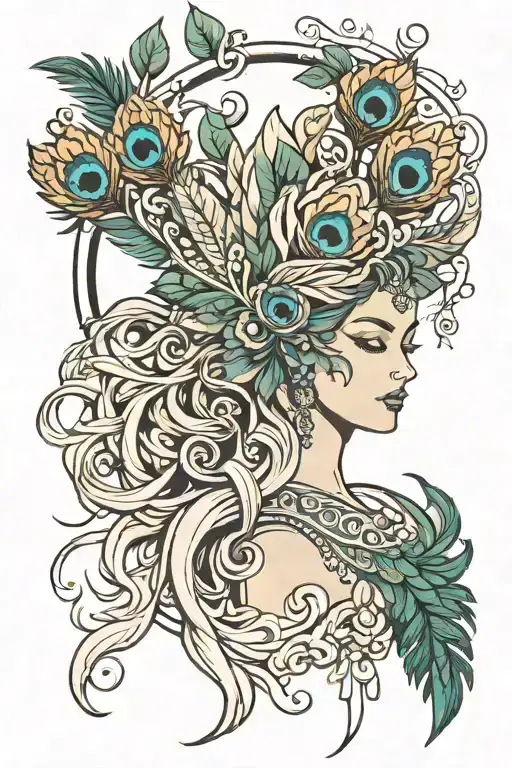 Hera with peacock feathers falling tattoo design idea