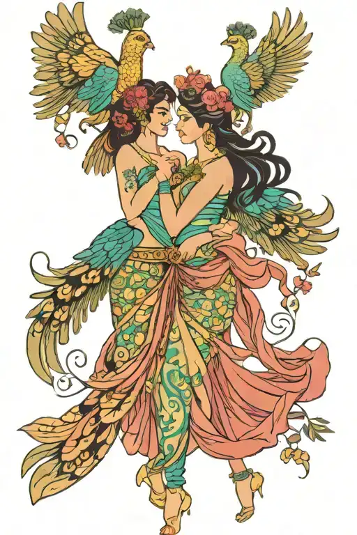 Hera with peacocks gracefully dancing together tattoo design idea