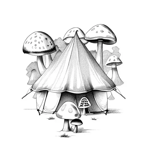 tent, nature, mushrooms tattoo design idea