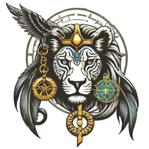 an ankh, a lion and the eye of horus  tattoo design idea