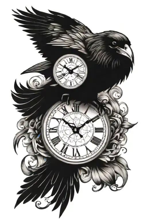 Raven flying, Clock face, time running tattoo design idea