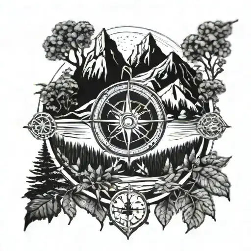compass, vedic om in the middle, mountain, tress, and small birds tattoo design idea