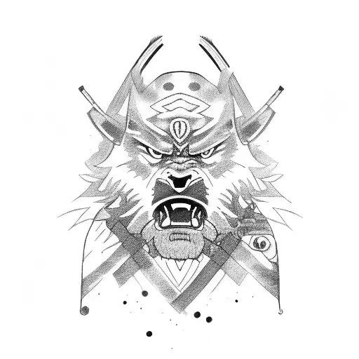 A sketch-style depiction of a samurai and a pack of raging mad dogs tattoo design idea