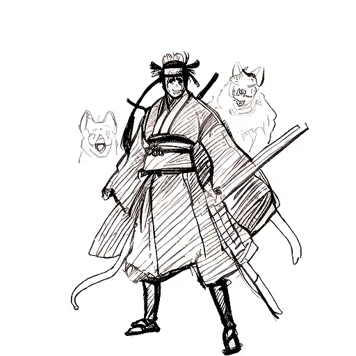 A sketch-style depiction of a samurai and a pack of raging mad dogs tattoo design idea
