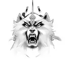 A sketch-style depiction of a samurai and a pack of raging mad dogs tattoo design idea