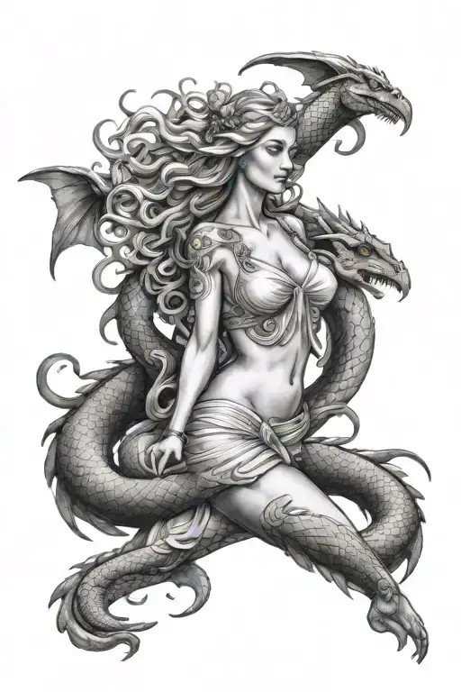 aphrodite greek goddess full body surrounded by a dragon tattoo design idea