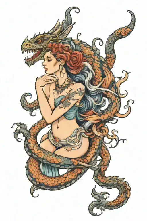 aphrodite greek goddess full body surrounded by a dragon tattoo design idea