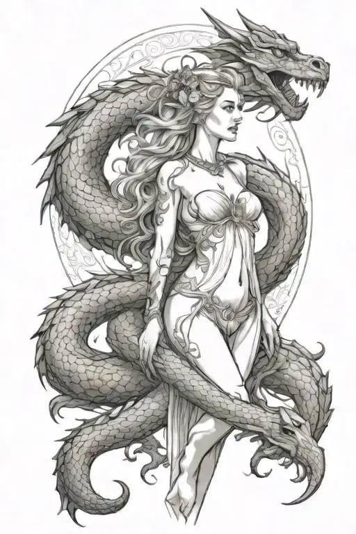 aphrodite greek goddess full body surrounded by a dragon tattoo design idea