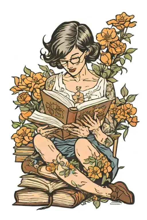 women reading a book siting in some books with flowers around short hair tattoo design idea