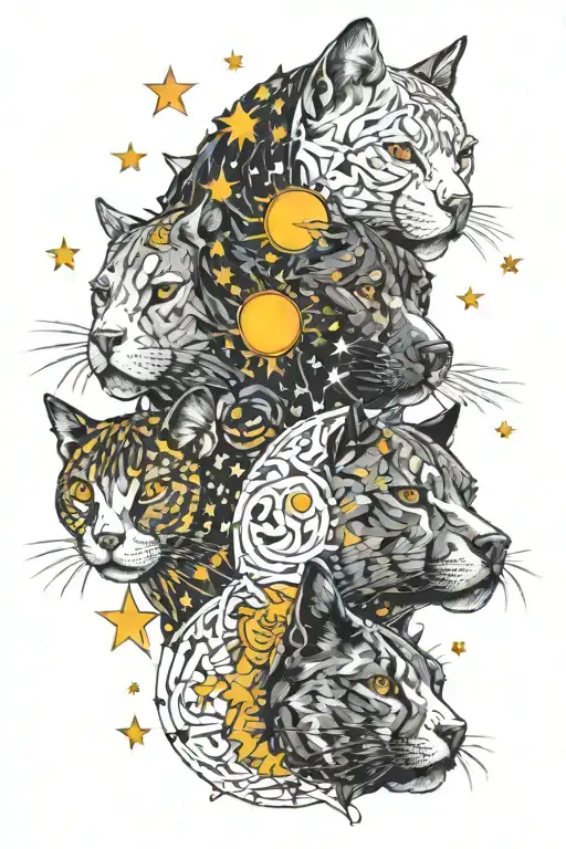 moon sun face inter twined together with my pets pitbull and two cats face with lots of Stars love around  tattoo design idea
