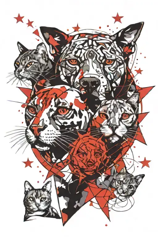 moon sun face inter twined together with my pets pitbull and two cats face with lots of Stars love around  tattoo design idea