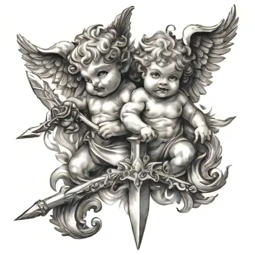 two cherubs holding flaming swords crossed tattoo design idea