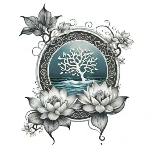 A lotus flower merging with the Tree of Life, surrounded by ocean waves tattoo design idea
