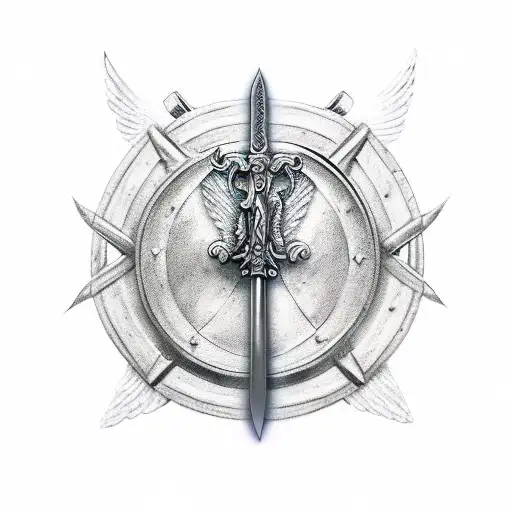 An warrior angel holding a shield and a sword to fight of demons tattoo design idea