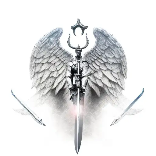 An warrior angel holding a shield and a sword to fight of demons tattoo design idea