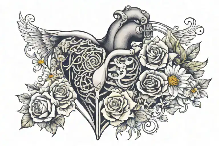Half sleeve nursing tattoo with flowers, heart, brain, mom and child, ribs, needle, stethoscope, heartbeat tattoo design idea